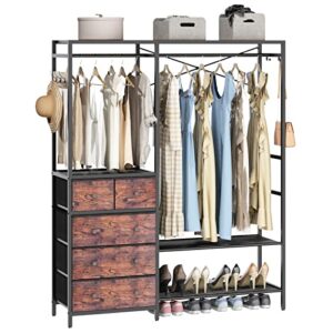 Auromie Clothes Rack with 5 Drawers & 4 Storage Shelves, 59.1W*70.9H Heavy Duty Clothing Rack with 2 Hanging Rods, Wardrobe Closet Organizer System with 5 Hooks, Freestanding Garment Rack (Rustic)