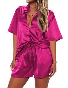 ekouaer silk pajamas for women soft button up pjs plus size summer shorts set short sleeve satin casual wear rose,xl