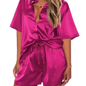 Ekouaer Silk Pajamas for Women Soft Button Up Pjs Plus Size Summer Shorts Set Short Sleeve Satin Casual Wear Rose,XL