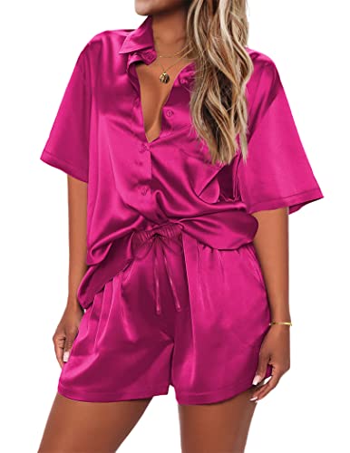 Ekouaer Silk Pajamas for Women Soft Button Up Pjs Plus Size Summer Shorts Set Short Sleeve Satin Casual Wear Rose,XL