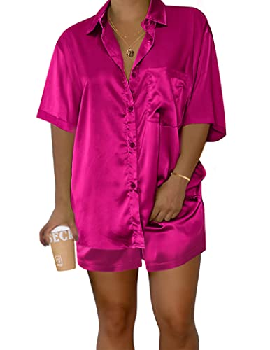 Ekouaer Silk Pajamas for Women Soft Button Up Pjs Plus Size Summer Shorts Set Short Sleeve Satin Casual Wear Rose,XL