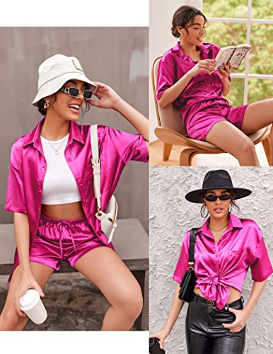 Ekouaer Silk Pajamas for Women Soft Button Up Pjs Plus Size Summer Shorts Set Short Sleeve Satin Casual Wear Rose,XL