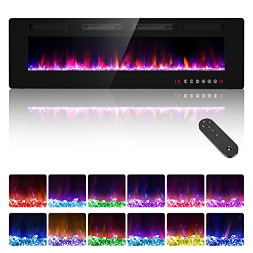 Zionheat 60 inch Electric Fireplace-Wall Fireplace for Living Room-Fireplace Freestanding/Inserts/Wall Mounted with Remote Control,Timer, Dimmer, 12 Flame Colors,750/150W, Ultra Thin