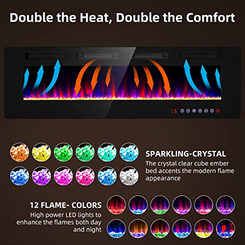 Zionheat 60 inch Electric Fireplace-Wall Fireplace for Living Room-Fireplace Freestanding/Inserts/Wall Mounted with Remote Control,Timer, Dimmer, 12 Flame Colors,750/150W, Ultra Thin