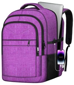 yamdeg extra large travel backpack, large carry on backpack, 17.3 inch laptop backpack for computer business travel with usb port, tsa airline approved waterproof travel daypack for women, purple