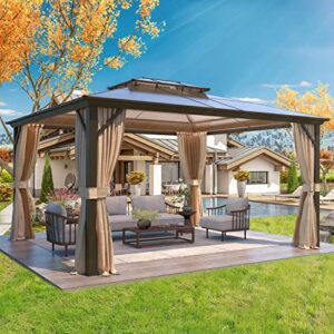 yoleny 12'x14' hardtop gazebo, outdoor polycarbonate double roof canopy, aluminum frame permanent pavilion with curtains and netting, sunshade for garden, patio, lawns