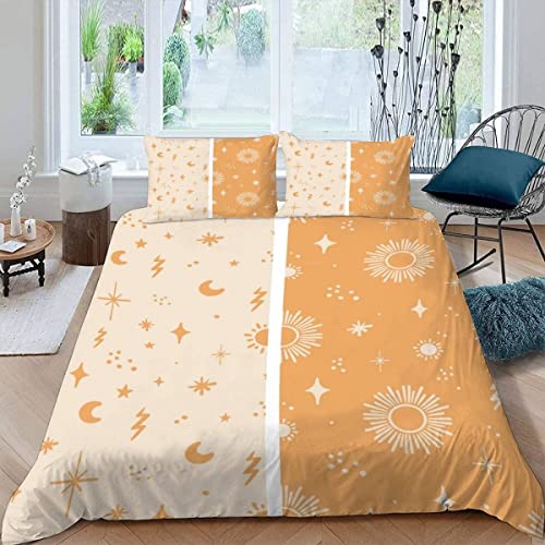 Quilt Cover Queen Size Sun and Stars Theme 3D Bedding Sets Warm Earthy Tones Duvet Cover Breathable Hypoallergenic Stain Wrinkle Resistant Microfiber with Zipper Closure,beding Set with 2 Pillowcase