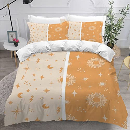 Quilt Cover Queen Size Sun and Stars Theme 3D Bedding Sets Warm Earthy Tones Duvet Cover Breathable Hypoallergenic Stain Wrinkle Resistant Microfiber with Zipper Closure,beding Set with 2 Pillowcase