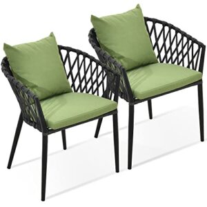 yitahome outdoor dining chair set of 2, rope woven design bistro chairs, indoor-outdoor armchair seating for patio, backyard, poolside, balcony - green and grey