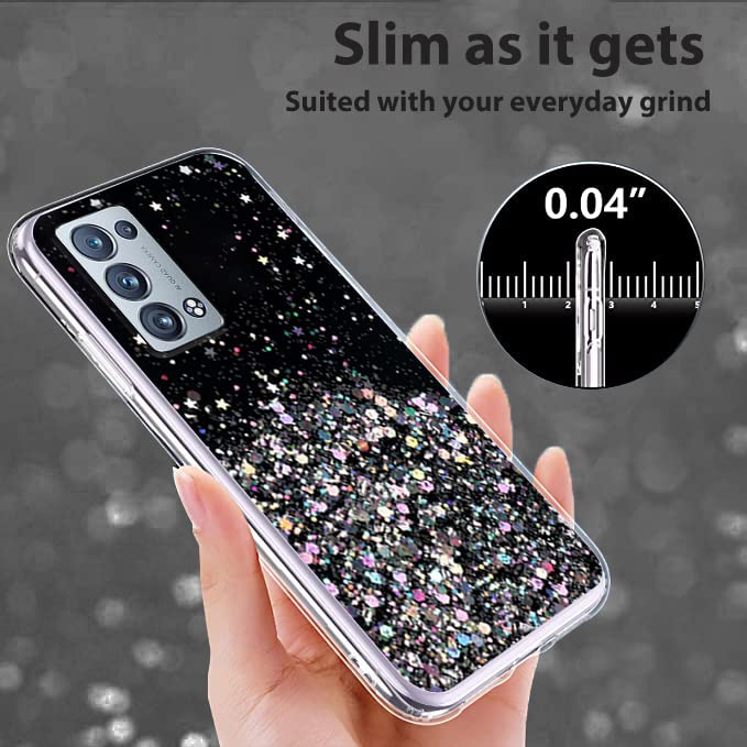 for Oppo Reno 6 Pro 5G Case Silicone，Clear Oppo Reno 6 Pro 5G (Snapdragon) Phone Case Speck, Ultra Slim 0.3mm Soft Shockproof Protective Glitter Cute Phone Cover for Women Green (Black)