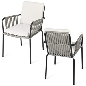 yitahome outdoor dining chair set of 2, all-weather rope & rattan woven chairs, indoor-outdoor armchair seating for patio, backyard, poolside, balcony - grey rattan & beige cushion