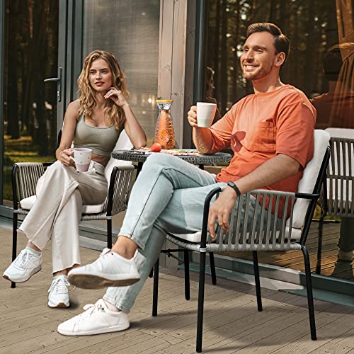 YITAHOME Outdoor Dining Chair Set of 2, All-Weather Rope & Rattan Woven Chairs, Indoor-Outdoor Armchair Seating for Patio, Backyard, Poolside, Balcony - Grey Rattan & Beige Cushion