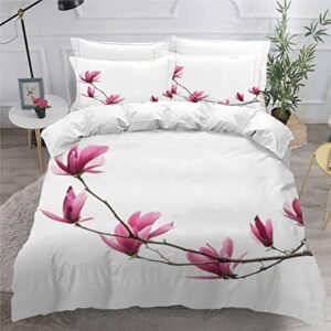 Quilt Cover Twin Size Pink Flower 3D Bedding Sets Magnolia Duvet Cover Breathable Hypoallergenic Stain Wrinkle Resistant Microfiber with Zipper Closure,beding Set with 2 Pillowcase