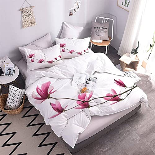 Quilt Cover Twin Size Pink Flower 3D Bedding Sets Magnolia Duvet Cover Breathable Hypoallergenic Stain Wrinkle Resistant Microfiber with Zipper Closure,beding Set with 2 Pillowcase