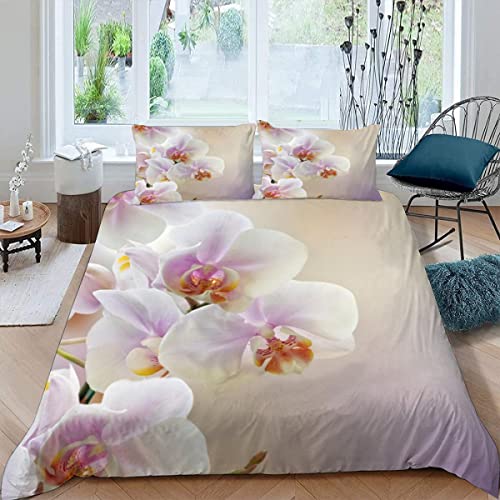 Quilt Cover Queen Size Orchid 3D Bedding Sets Plant Duvet Cover Breathable Hypoallergenic Stain Wrinkle Resistant Microfiber with Zipper Closure,beding Set with 2 Pillowcase