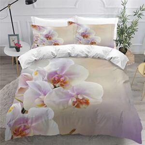 Quilt Cover Queen Size Orchid 3D Bedding Sets Plant Duvet Cover Breathable Hypoallergenic Stain Wrinkle Resistant Microfiber with Zipper Closure,beding Set with 2 Pillowcase