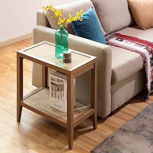 SICOTAS Boho Rattan Nightstand Bedside Table - Farmhouse Narrow End Table for Living Room - Accent Side Table with 2 Rattan Open Storage Shelves for Bedroom, Small Spaces, Wood