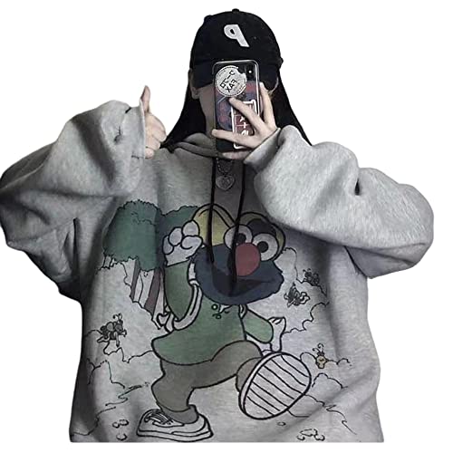 MOMEITU Gothic hoodie girls Anime hooded sweater women loose street sports Y2K Clothes Grunge Clothes (grey spirit,S,Small)