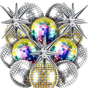 15 pcs disco balloon kit disco ball party decorations 4d large 22 inch round mirror balloons and silver explosion star foil balloons for 70s 80s disco theme bachelorette party decorations supplies