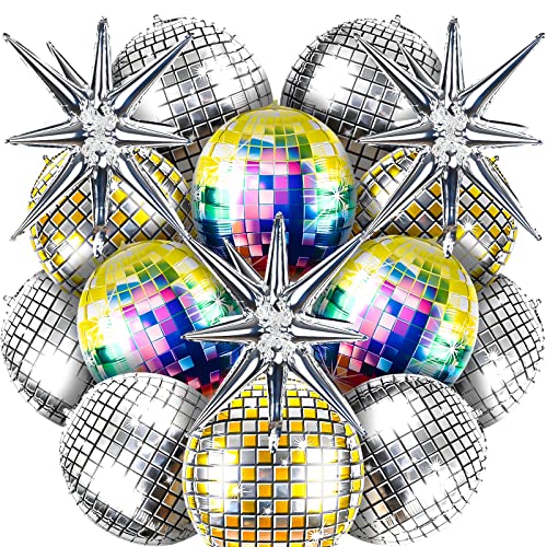 15 Pcs Disco Balloon Kit Disco Ball Party Decorations 4D Large 22 Inch Round Mirror Balloons and Silver Explosion Star Foil Balloons for 70s 80s Disco Theme Bachelorette Party Decorations Supplies