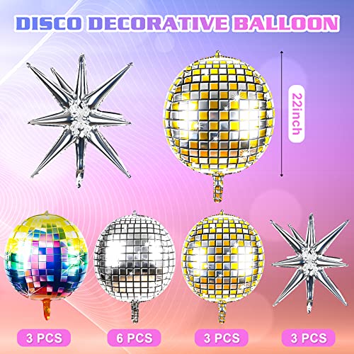 15 Pcs Disco Balloon Kit Disco Ball Party Decorations 4D Large 22 Inch Round Mirror Balloons and Silver Explosion Star Foil Balloons for 70s 80s Disco Theme Bachelorette Party Decorations Supplies