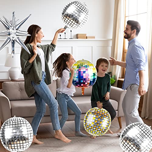 15 Pcs Disco Balloon Kit Disco Ball Party Decorations 4D Large 22 Inch Round Mirror Balloons and Silver Explosion Star Foil Balloons for 70s 80s Disco Theme Bachelorette Party Decorations Supplies