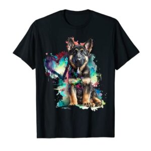 German Shepherd Puppy Mom Lover Watercolor Painting Heart T-Shirt