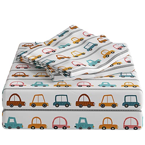 Kids Cars Queen 4 Piece Sheet Set – Boys, Girls, Teens, Toddler – Easy Fit Deep Pockets – Breathable, Hotel Quality Bedding Sheets - Machine Washable – Wrinkle Free – Cute, Cozy, Soft – by CGK Linens