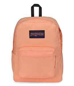 jansport superbreak plus backpack - work, travel, or laptop bookbag with water bottle pocket, peach neon