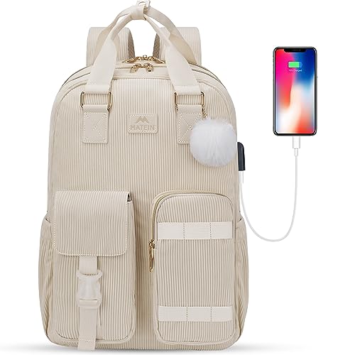 Backpack for Teens Girls, 15.6 Inch Cute Corduroy College School Computer Bookbag with USB Charging Port, TSA Lightweight Soft Travel Backpack Aesthetic Purse Bag for Women Nurse Teacher Work, Beige