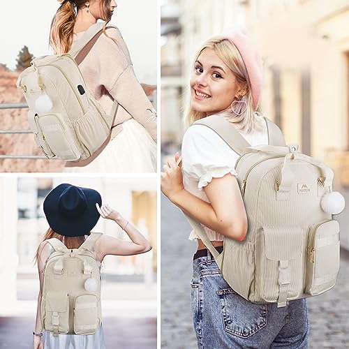 Backpack for Teens Girls, 15.6 Inch Cute Corduroy College School Computer Bookbag with USB Charging Port, TSA Lightweight Soft Travel Backpack Aesthetic Purse Bag for Women Nurse Teacher Work, Beige