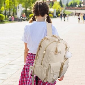 Backpack for Teens Girls, 15.6 Inch Cute Corduroy College School Computer Bookbag with USB Charging Port, TSA Lightweight Soft Travel Backpack Aesthetic Purse Bag for Women Nurse Teacher Work, Beige