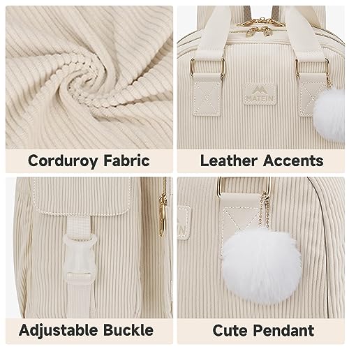 Backpack for Teens Girls, 15.6 Inch Cute Corduroy College School Computer Bookbag with USB Charging Port, TSA Lightweight Soft Travel Backpack Aesthetic Purse Bag for Women Nurse Teacher Work, Beige