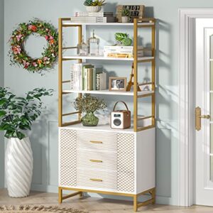 Tribesigns Gold White Bookshelf with 3 Drawers, Tall Ladder Shelf Bookcase with Storage, Modern Bookcases and Book Shelves 4 Shelf Organizer, Metal Wood Book Shelving Unit for Bedroom, Office