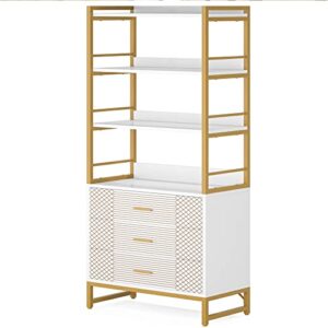 Tribesigns Gold White Bookshelf with 3 Drawers, Tall Ladder Shelf Bookcase with Storage, Modern Bookcases and Book Shelves 4 Shelf Organizer, Metal Wood Book Shelving Unit for Bedroom, Office