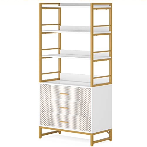 Tribesigns Gold White Bookshelf with 3 Drawers, Tall Ladder Shelf Bookcase with Storage, Modern Bookcases and Book Shelves 4 Shelf Organizer, Metal Wood Book Shelving Unit for Bedroom, Office