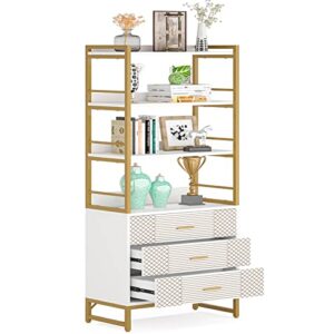 Tribesigns Gold White Bookshelf with 3 Drawers, Tall Ladder Shelf Bookcase with Storage, Modern Bookcases and Book Shelves 4 Shelf Organizer, Metal Wood Book Shelving Unit for Bedroom, Office