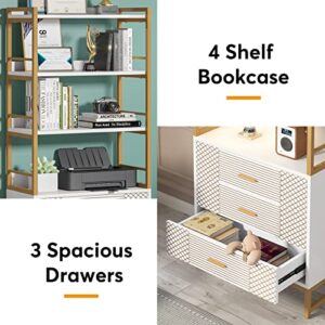 Tribesigns Gold White Bookshelf with 3 Drawers, Tall Ladder Shelf Bookcase with Storage, Modern Bookcases and Book Shelves 4 Shelf Organizer, Metal Wood Book Shelving Unit for Bedroom, Office