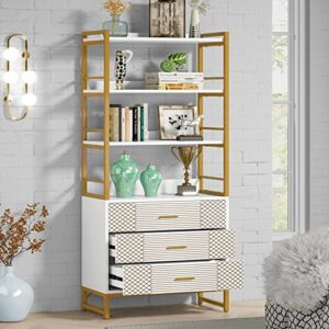 Tribesigns Gold White Bookshelf with 3 Drawers, Tall Ladder Shelf Bookcase with Storage, Modern Bookcases and Book Shelves 4 Shelf Organizer, Metal Wood Book Shelving Unit for Bedroom, Office