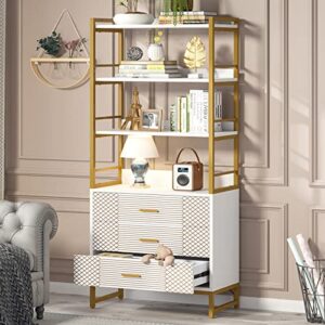 Tribesigns Gold White Bookshelf with 3 Drawers, Tall Ladder Shelf Bookcase with Storage, Modern Bookcases and Book Shelves 4 Shelf Organizer, Metal Wood Book Shelving Unit for Bedroom, Office