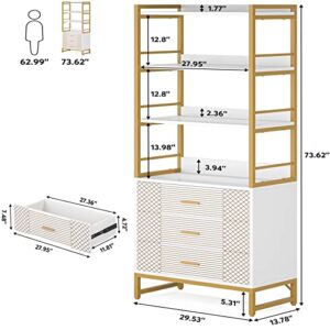 Tribesigns Gold White Bookshelf with 3 Drawers, Tall Ladder Shelf Bookcase with Storage, Modern Bookcases and Book Shelves 4 Shelf Organizer, Metal Wood Book Shelving Unit for Bedroom, Office