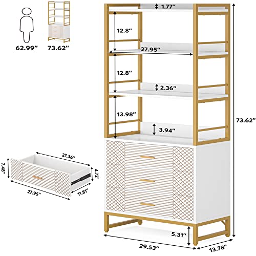 Tribesigns Gold White Bookshelf with 3 Drawers, Tall Ladder Shelf Bookcase with Storage, Modern Bookcases and Book Shelves 4 Shelf Organizer, Metal Wood Book Shelving Unit for Bedroom, Office