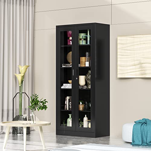 AFAIF 71" Curio Cabinet Glass Display Cabinet with 4 Adjustable Shelves, Tall Bookshelf Bookcase with Glass Doors, Lockable Metal Storage Cabinet Modern Liquor Cabinet for Home Office Pantry Bathroom