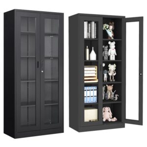 afaif 71" curio cabinet glass display cabinet with 4 adjustable shelves, tall bookshelf bookcase with glass doors, lockable metal storage cabinet modern liquor cabinet for home office pantry bathroom