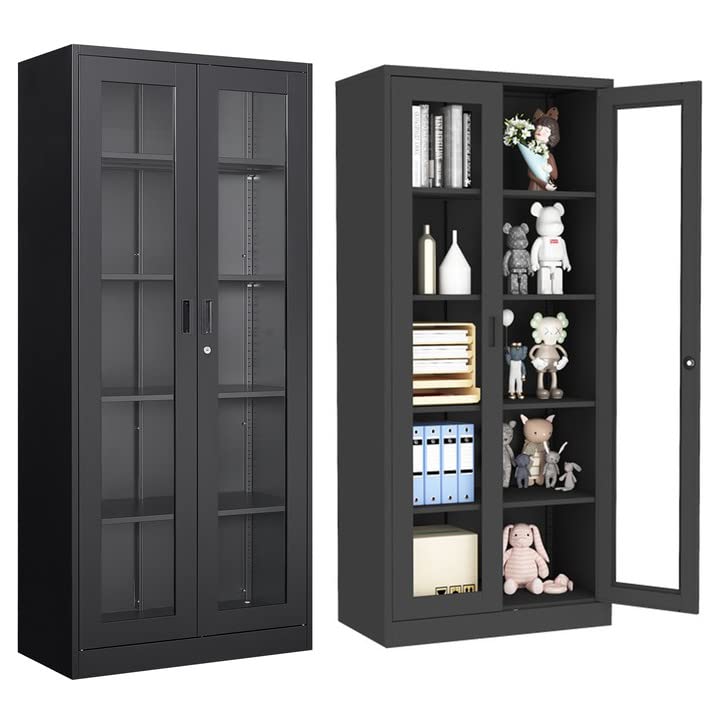 AFAIF 71" Curio Cabinet Glass Display Cabinet with 4 Adjustable Shelves, Tall Bookshelf Bookcase with Glass Doors, Lockable Metal Storage Cabinet Modern Liquor Cabinet for Home Office Pantry Bathroom