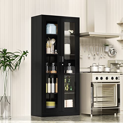 AFAIF 71" Curio Cabinet Glass Display Cabinet with 4 Adjustable Shelves, Tall Bookshelf Bookcase with Glass Doors, Lockable Metal Storage Cabinet Modern Liquor Cabinet for Home Office Pantry Bathroom