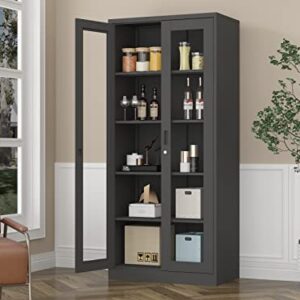 AFAIF 71" Curio Cabinet Glass Display Cabinet with 4 Adjustable Shelves, Tall Bookshelf Bookcase with Glass Doors, Lockable Metal Storage Cabinet Modern Liquor Cabinet for Home Office Pantry Bathroom