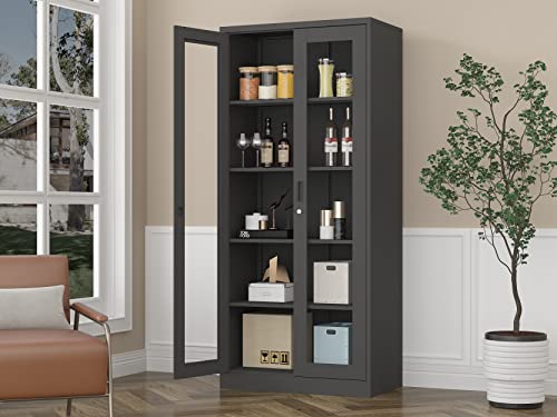 AFAIF 71" Curio Cabinet Glass Display Cabinet with 4 Adjustable Shelves, Tall Bookshelf Bookcase with Glass Doors, Lockable Metal Storage Cabinet Modern Liquor Cabinet for Home Office Pantry Bathroom