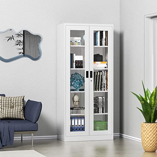 LISSIMO Tall Bookcase Storage Cabinet with Tempered Glass Door,Metal Glass Display Cabinet with 4 Adjustable Shelves,5-Tier Curio Cabinet for Home, Study, Living Room and Office (White)