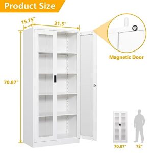 LISSIMO Tall Bookcase Storage Cabinet with Tempered Glass Door,Metal Glass Display Cabinet with 4 Adjustable Shelves,5-Tier Curio Cabinet for Home, Study, Living Room and Office (White)